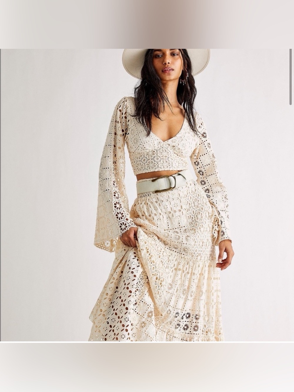 Free People BHLDN Yesenia Eyelet skirt and top crochet in ivory. New!
